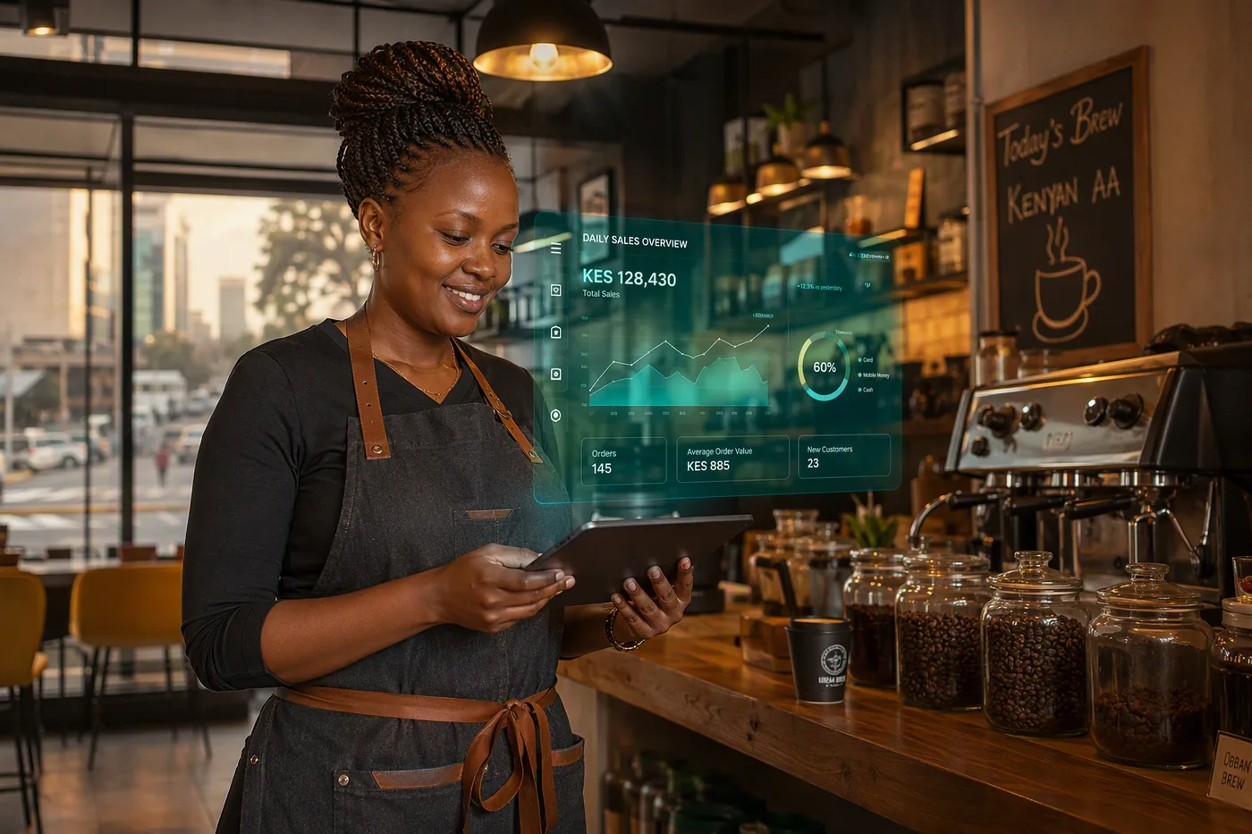 Cafe owner reviewing daily sales on a tablet