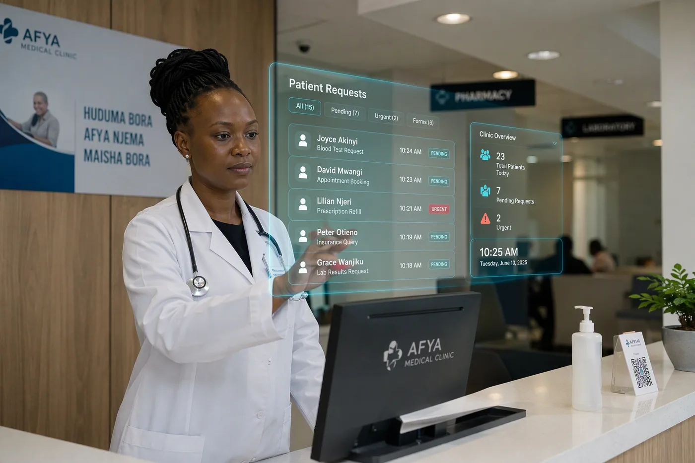 Clinic manager reviewing patient requests at a reception desk