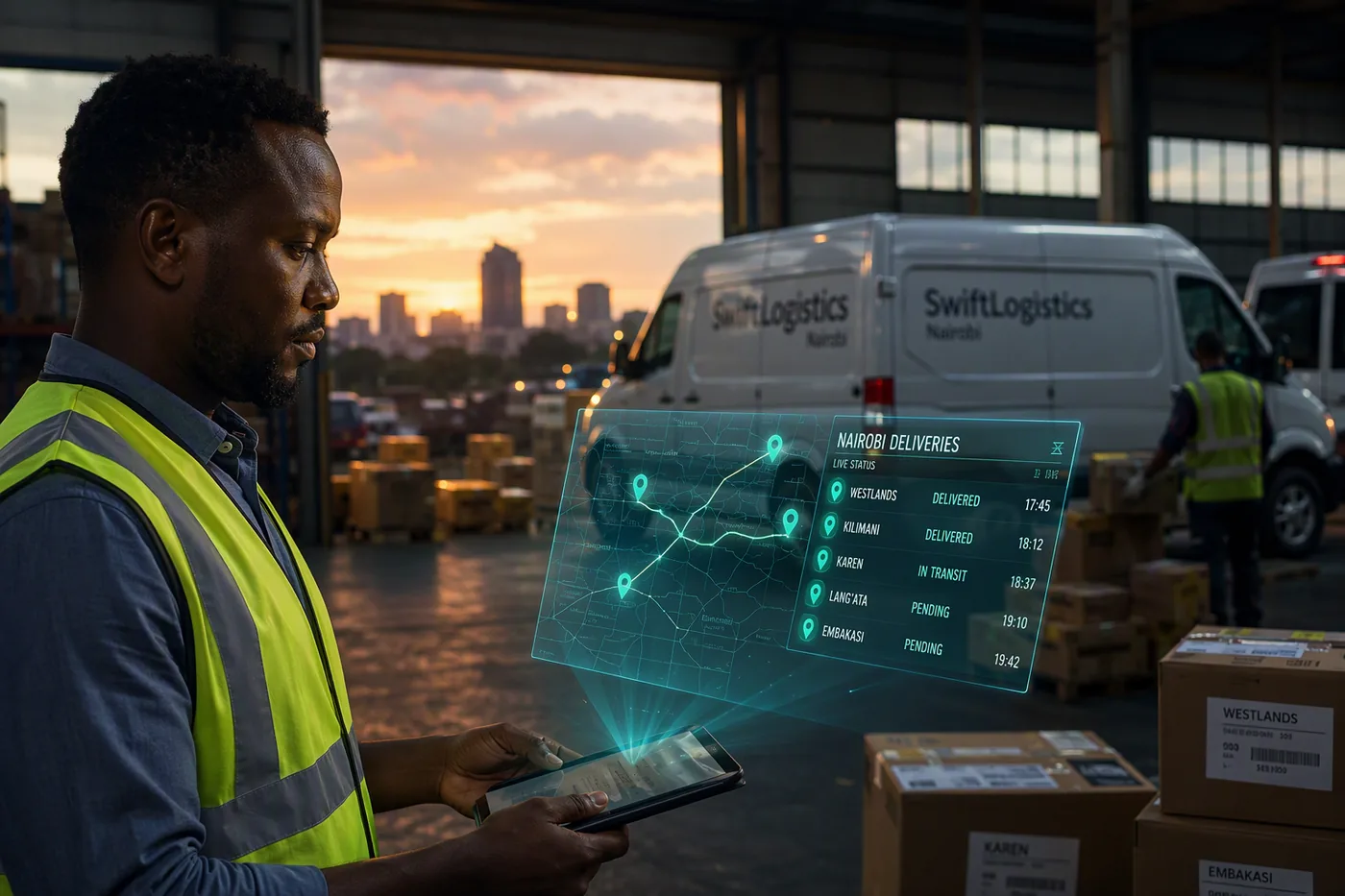 Logistics lead reviewing delivery status at a Nairobi depot