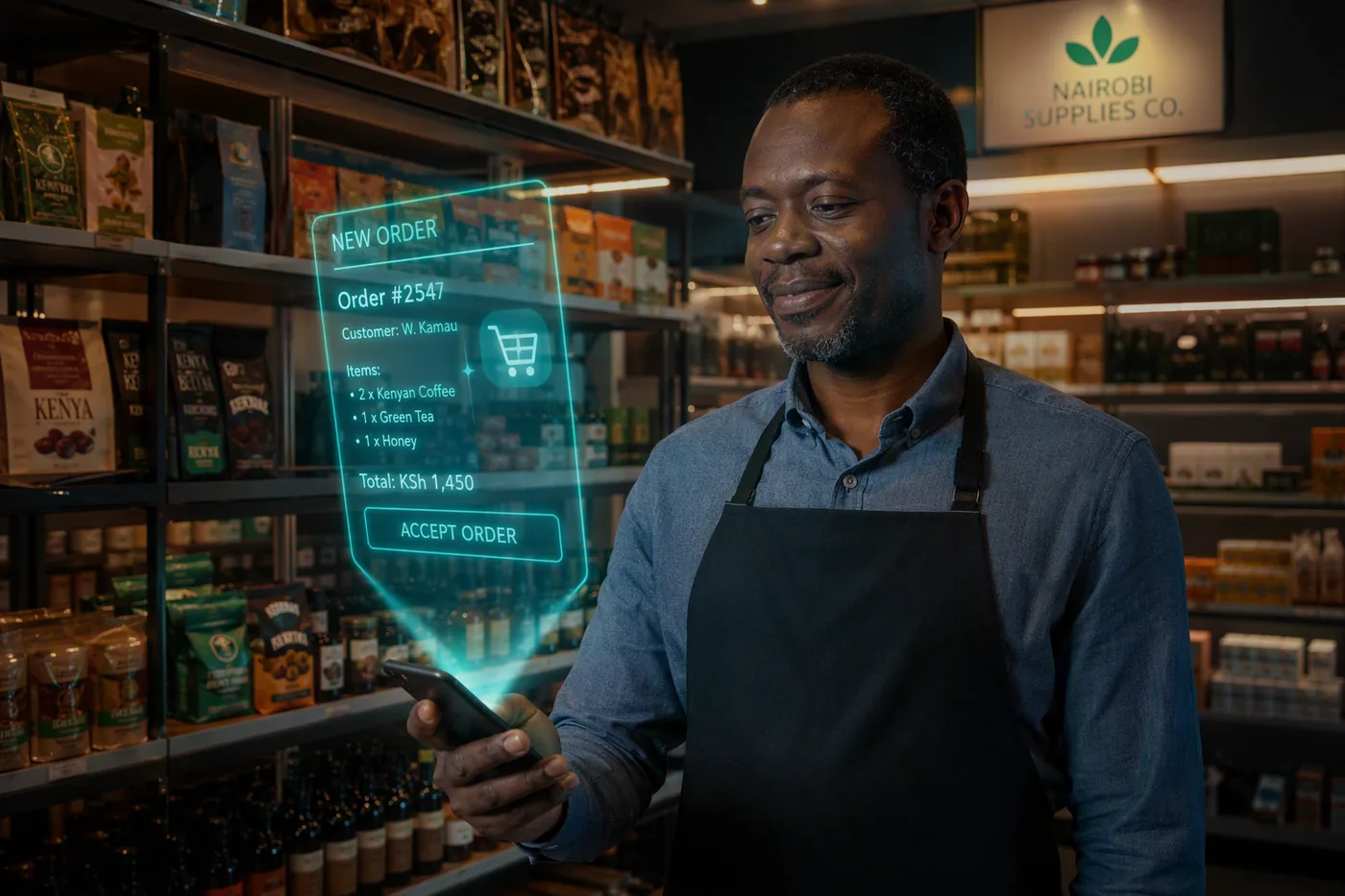 Shop owner reviewing a new order in a Nairobi store